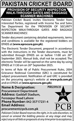 Pakistan Cricket Board Lahore Tender Notice
